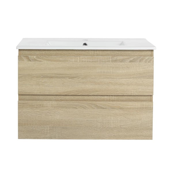 ANGELES HOME 30 in. W x 18.3 in. D x 20.5 in. H Bath Vanity in Light Oak with White Ceramic Top and Single Sink, 2-Soft Close Drawers