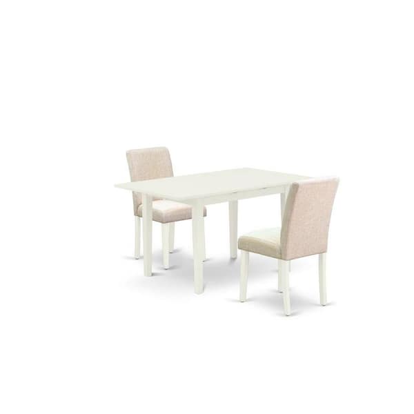 East West Furniture 3-Piece Linen White Finish Rectangular Solid Wood Top with Butterfly Leaf Dining Table Set