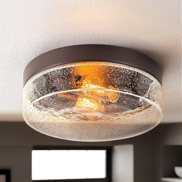 Murphy 2-Light 11.2 in. Oil Rubbed Bronze Semi- Flush Mount Light with Seeded Glass Drum Shade