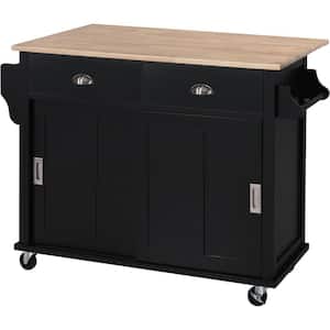 Black Wooden Rolling Kitchen Cart with Drop-Leaf Countertop