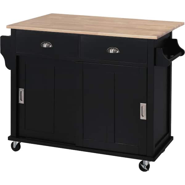 Black Wooden Rolling Kitchen Cart with Drop-Leaf Countertop SK01AB ...