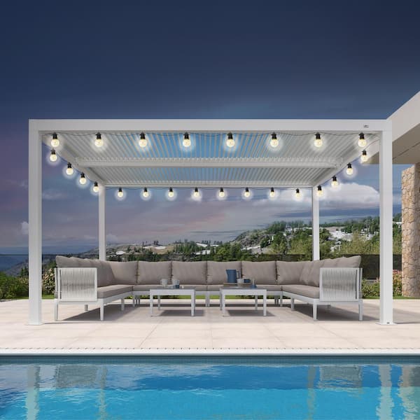 PURPLE LEAF 11 ft. x 14 ft. White Aluminum Frame Outdoor Louvered Pergola with Adjustable Sunshade Roof and Solar String Lights