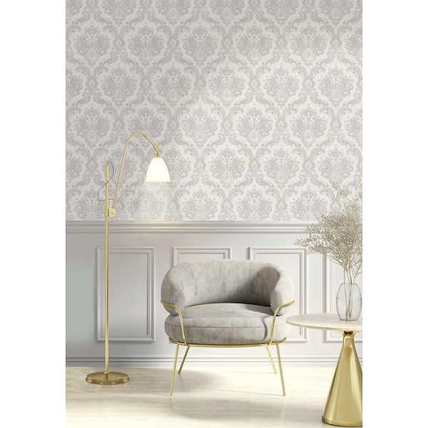 Italian Style Silver Traditional Floral Damask Luster Finish Vinyl on Non-Woven Non-Pasted Wallpaper Roll
