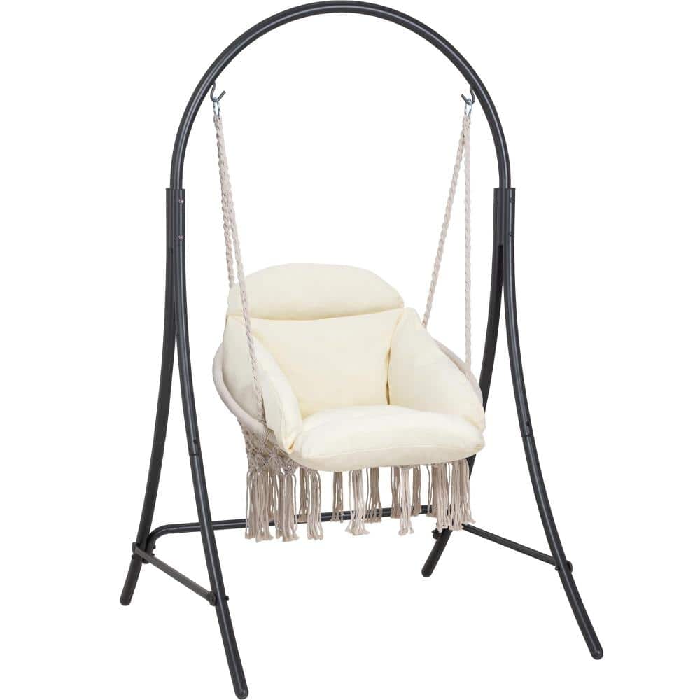 Macrame Hammock Swing Chair with Heavy Duty Free-Standing Steel Frame, Padded Luxury Cushion, 400 lb Capacity