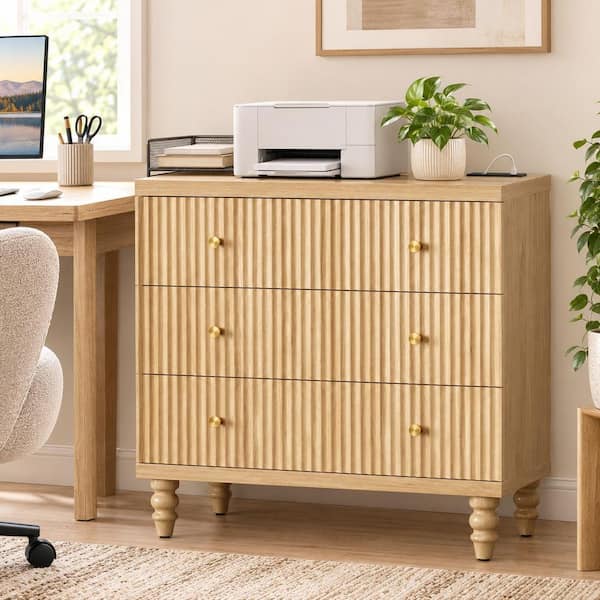 Natural Oak 31.5 in. W Fluted 3-Drawer Accent Cabinet and Printer Stand with Power Outlet