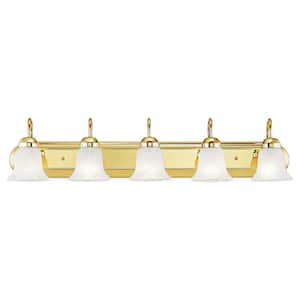 Hillstone 36 in. 5-Light Polished Brass Vanity Light with White Alabaster Glass