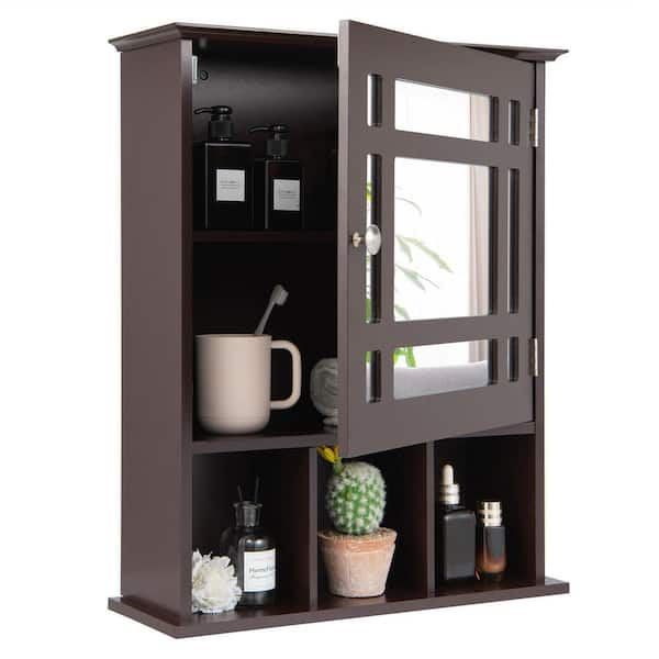 Gymax Wall Mount Medicine Cabinet Multifunction Bathroom Storage - Brown - Espresso Finish