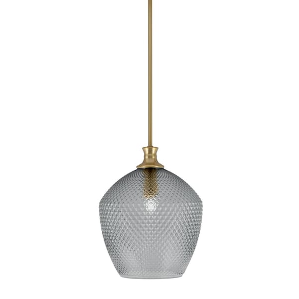 Unbranded Tyler 60-Watt 1-Light New Age Brass Stem Mini Pendant Light with Smoke Textured Glass Shade