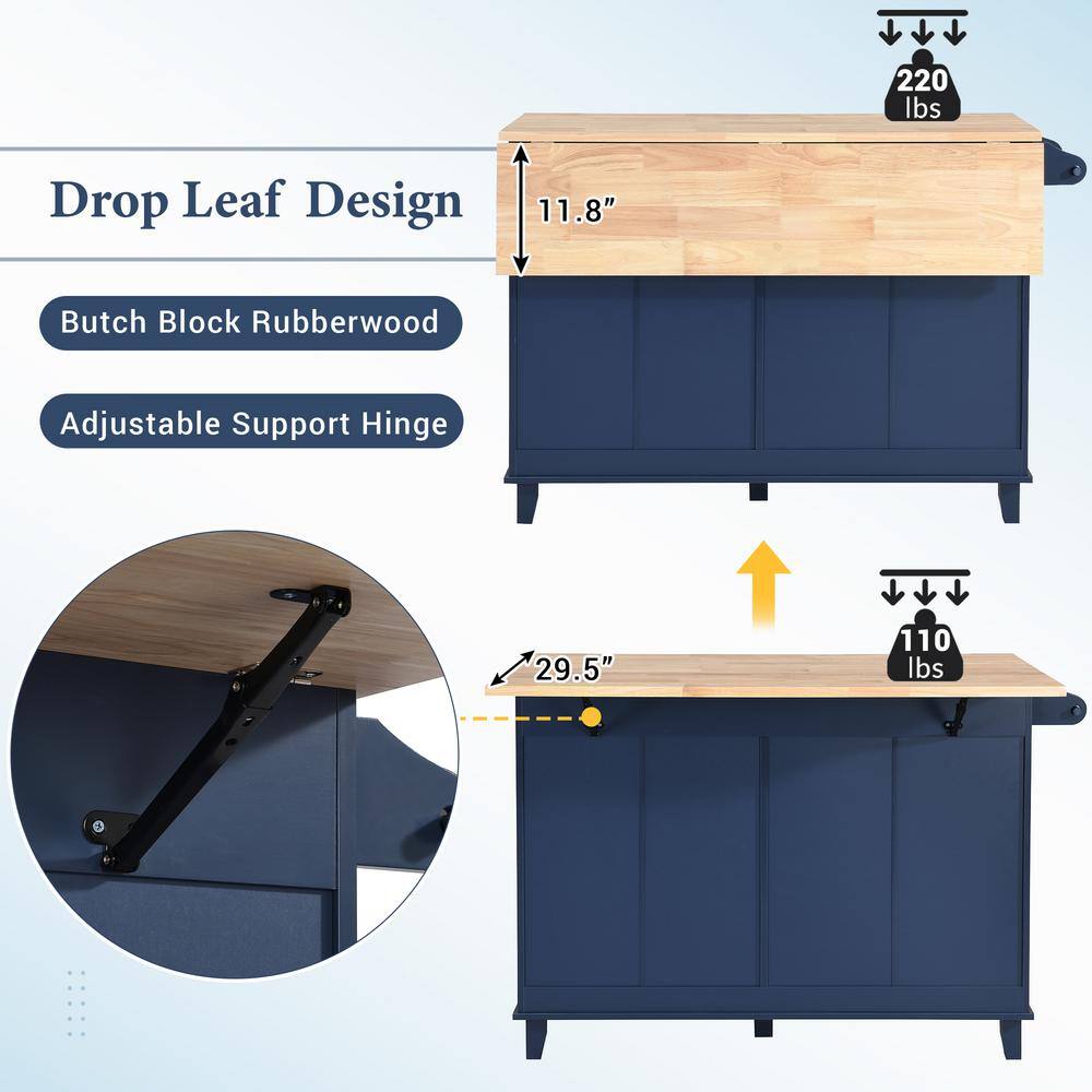 Blue Rubber Wood Drop Leaf Kitchen Island Set with Stools