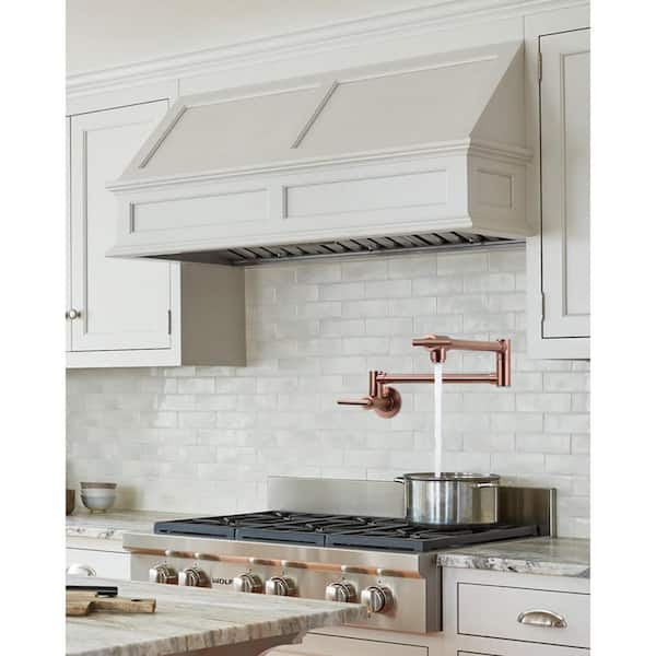 Modern Wall Mount Pot Filler Kitchen Faucet with Double Joint Swing Arm 360° Rotation in Rose Gold