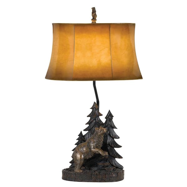 HomeRoots 29 in. Bronze Bear in the Woods Table Lamp with Brown Bell Shade