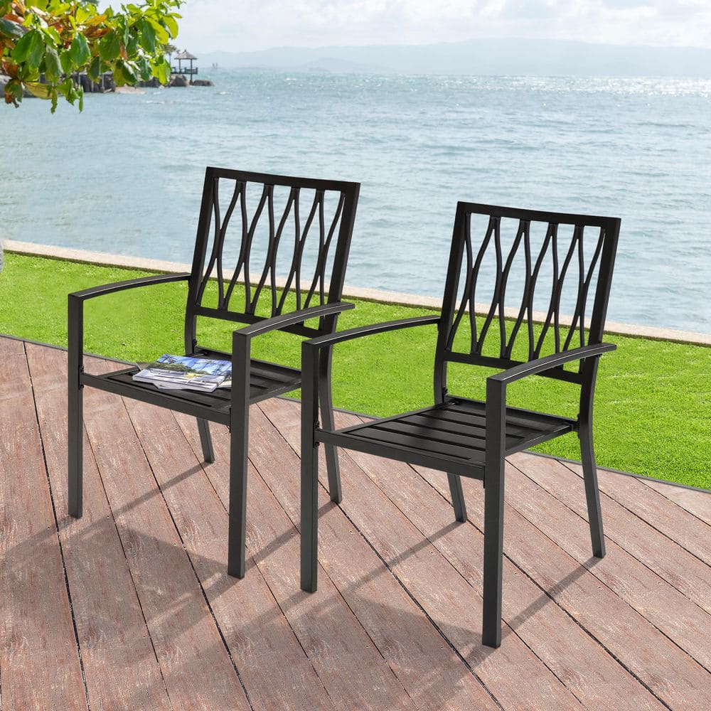 Black Iron Stackable Outdoor Patio Chairs with Lattice Design (2-Pack)