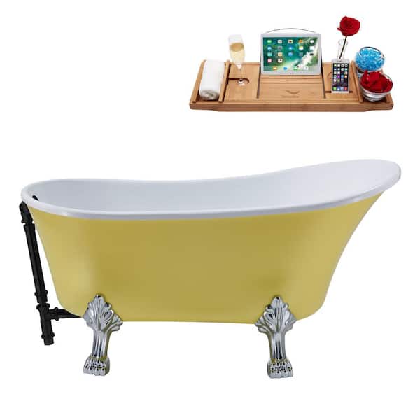 Streamline 55 in. Acrylic Clawfoot Non-Whirlpool Bathtub in Matte Yellow With Polished Chrome Clawfeet And Matte Black Drain