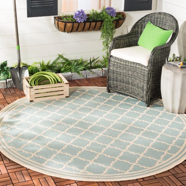 Beach House Aqua/Cream 7 ft. x 7 ft. Round Trellis Indoor/Outdoor Patio  Area Rug