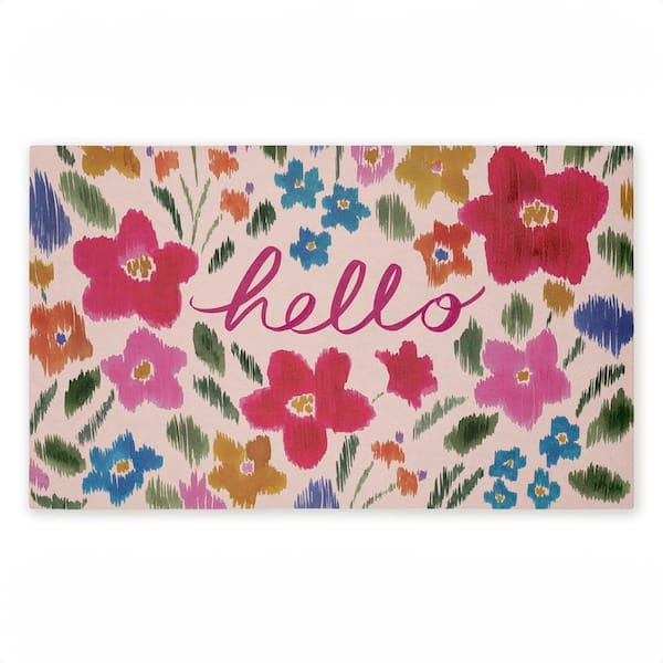 Hello Ikat Flowers Pink 18 in. x 30 in. Polyester Non-Slip Outdoor Door Mat