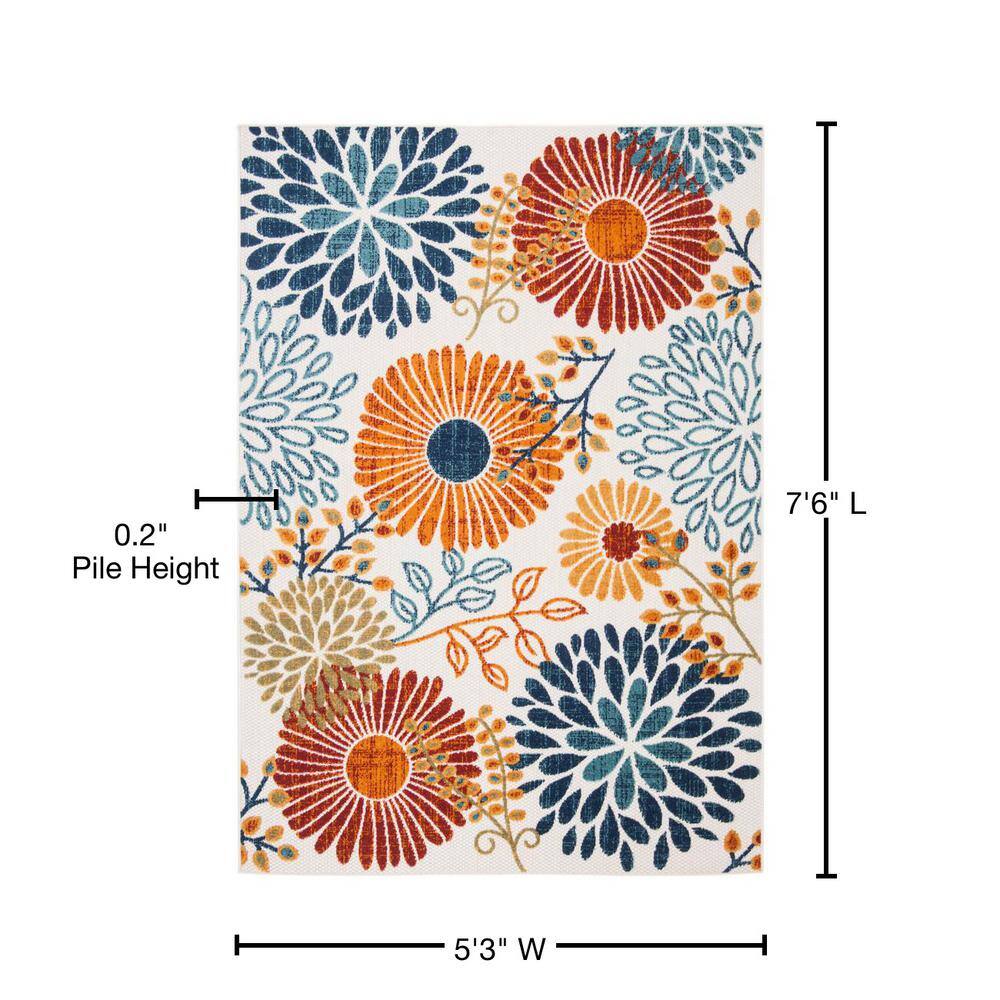 Creme and Red Floral Synthetic Rectangular Area Rug 5'3" x 7'6"