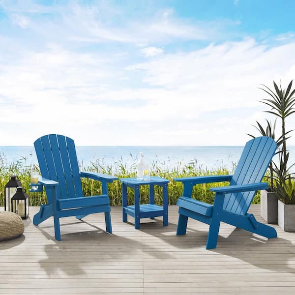Unbranded Patio Chair Navy Blue Folding Plastic Adirondack Chair Set of 2 All Weather Outdoor Fire Pit Chair Lawn Chair with Table