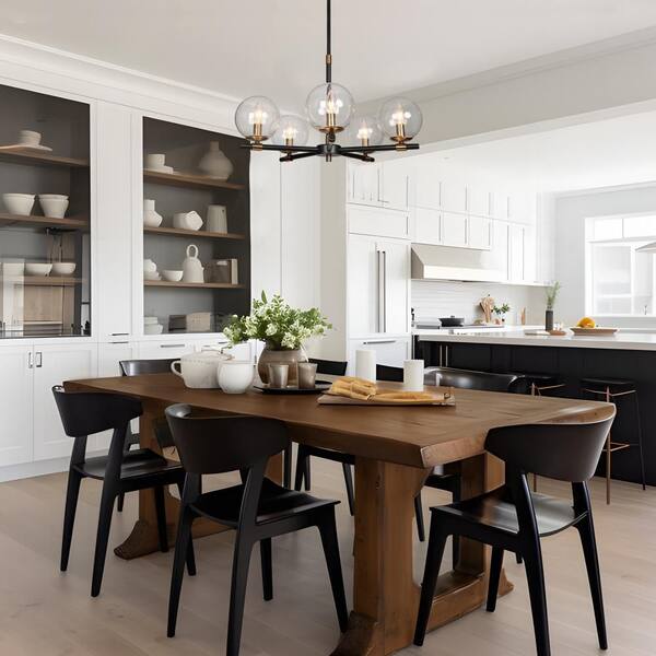 Modern Black Island Pendant Light, Ostter 22 in. 5-Light Brass Gold Round Chandelier, Industrial Hanging Light Fixture