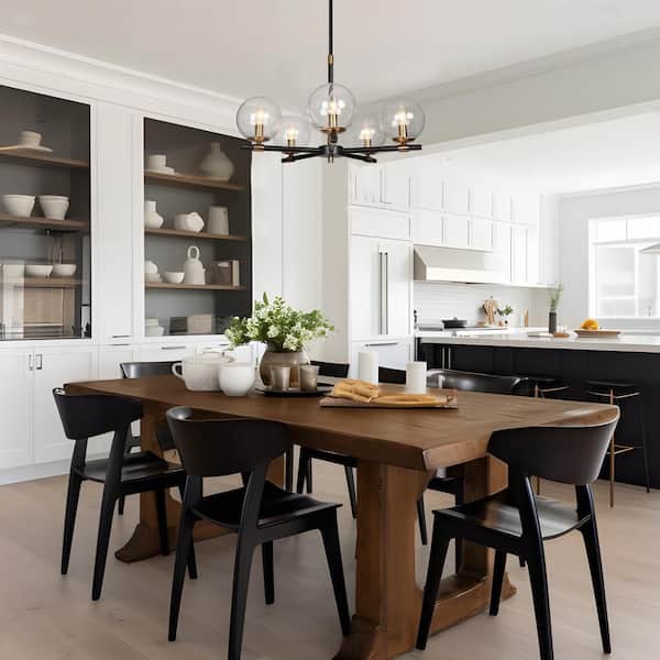 Modern Black Island Pendant Light, Ostter 22 in. 5-Light Brass Gold Round Chandelier, Industrial Hanging Light Fixture