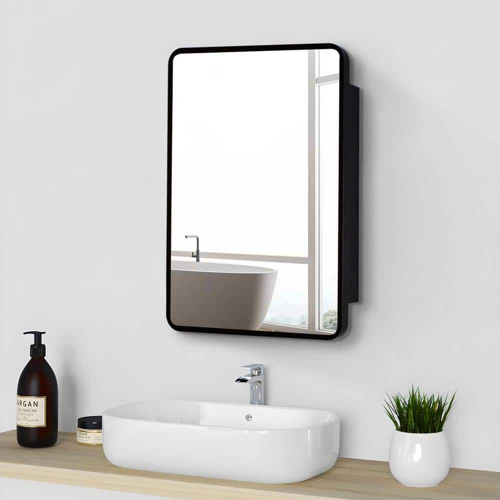 20 in. W x 28 in. H Rectangular Black Metal Framed Wall Recessed/Surface Mount Bathroom Medicine Cabinet with Mirror -  Zeus & Ruta, GM-H-898