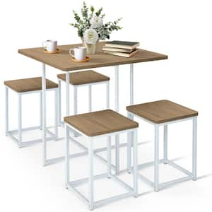 5-Piece Nature Wood Top Dining Set Compact Dining Table and 4-Stools Metal Frame