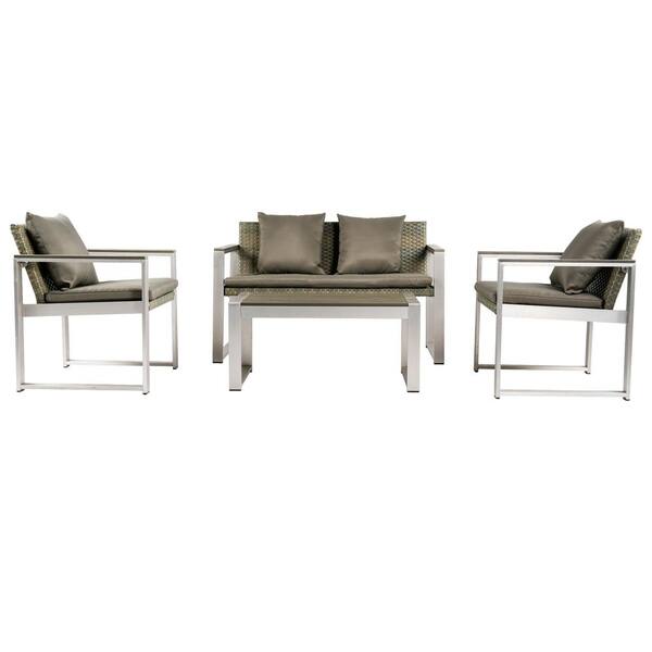 Angel Sar 4-Piece Silver Aluminum Outdoor Sectional Sofa Set for Patio Garden Outdoor with Gray Wicker Cushions