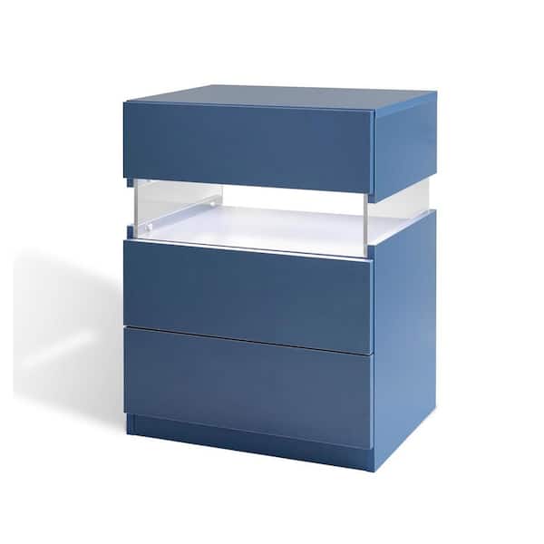 Unbranded Blue 3 Drawers Wood LED Nightstand Modern Acrylic Board Bedside Table End Table for Bedroom Living Room