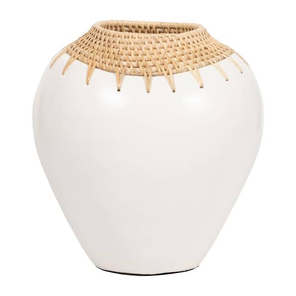 10 in. White Ceramic Round Woven Rattan Decorative Vase