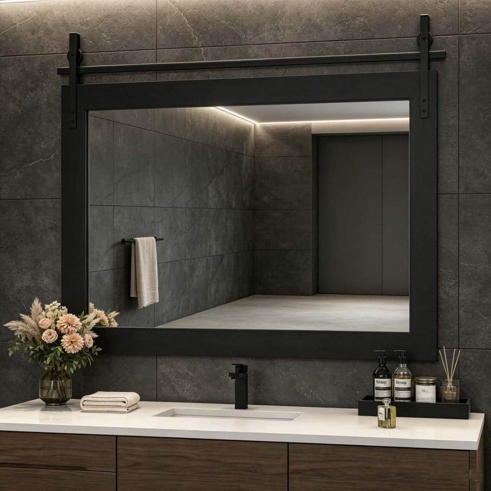 41 in. x 26 in. Rustic Wood Grain Framed Wall Mounted Bathroom Mirror in Black price history on PriceWatchPro