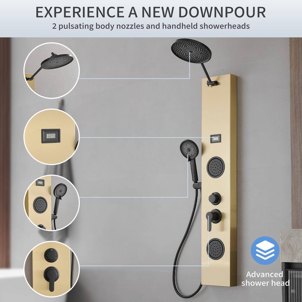 Gold and Black Stainless Steel Shower Panel System with Rainfall Shower Head
