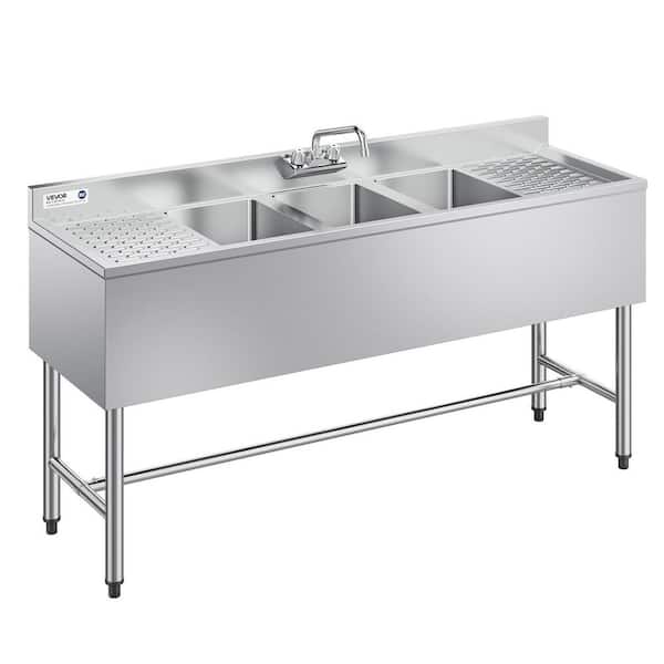 3 Compartment Sink, 18-Gauge 304 Stainless Steel, 10in. x 14in. x 10in. Bowl Size, 3 Bay Commercial Under Bar Sink