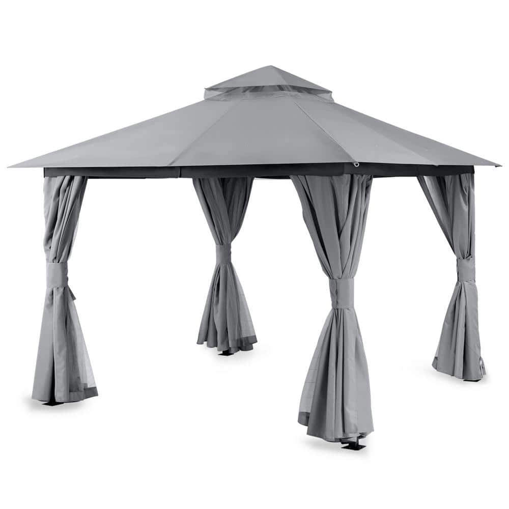 Gray 10'x10' Steel Patio Gazebo with Double Roof and Mosquito Netting