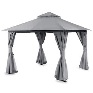 10 ft. x 10 ft. Gray Outdoor Patio Gazebo with Double Roof, Nettings and Privacy Screens