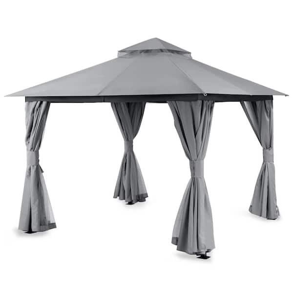 LAUSAINT HOME 10 ft. x 10 ft. Gray Outdoor Patio Gazebo with Double Roof, Nettings and Privacy Screens