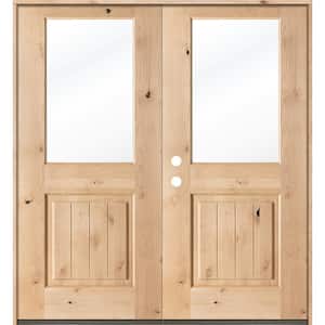 64 in. x 80 in. Rustic Knotty Alder Clear Half-Lite Unfinished Wood with V-Groove Right Active Double Prehung Front Door