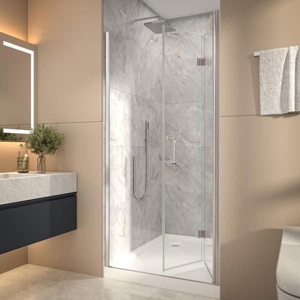 36 in. - 38 in. W x 72 in. H Bi-Fold Frameless Shower Door in Brushed Nickel with Clear Glass