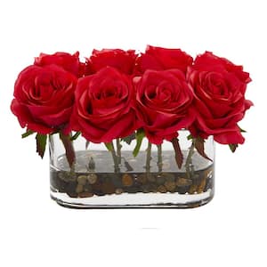 5.5 in. High Red Roses Blooming Roses in Glass Vase Artificial Arrangement