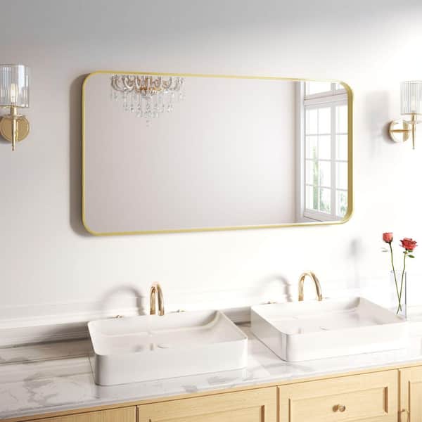 55 in. W x 30 in. H Rectangular Aluminum Framed Wall Bathroom Vanity Wall Mount Mirror in Gold