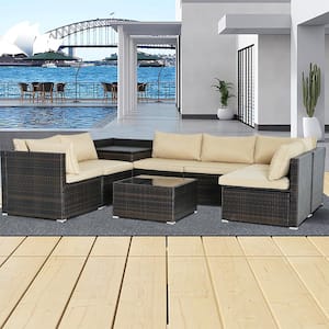 8-Piece Brown Wicker Outdoor Sectional Set Adjustable Seat with Yellow Cushions and Storage Box