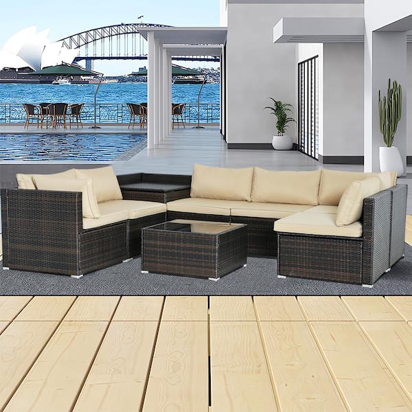 Cesicia 8-Piece Brown Wicker Outdoor Sectional Set Adjustable Seat with Yellow Cushions and Storage Box