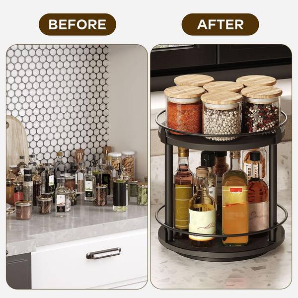 Wudkey 2 Tier Black Lazy Susan Organizer, Rotating Spice Rack