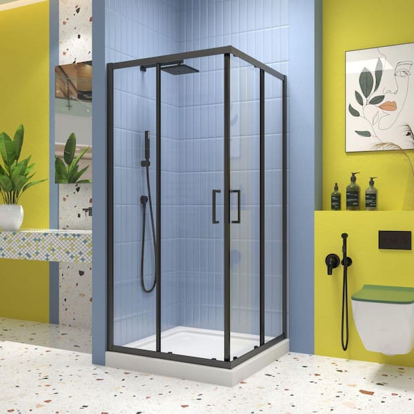 waterpar 34.63 in. W x 72 in. H Neo Angle Sliding Frame Corner Shower Enclosure in Matte Black