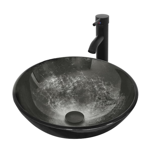 16.5 in. Vessel Bathroom Sink, Tempered Glass Vanity Round Bowl with Black Faucet and Pop up drain Set, Black