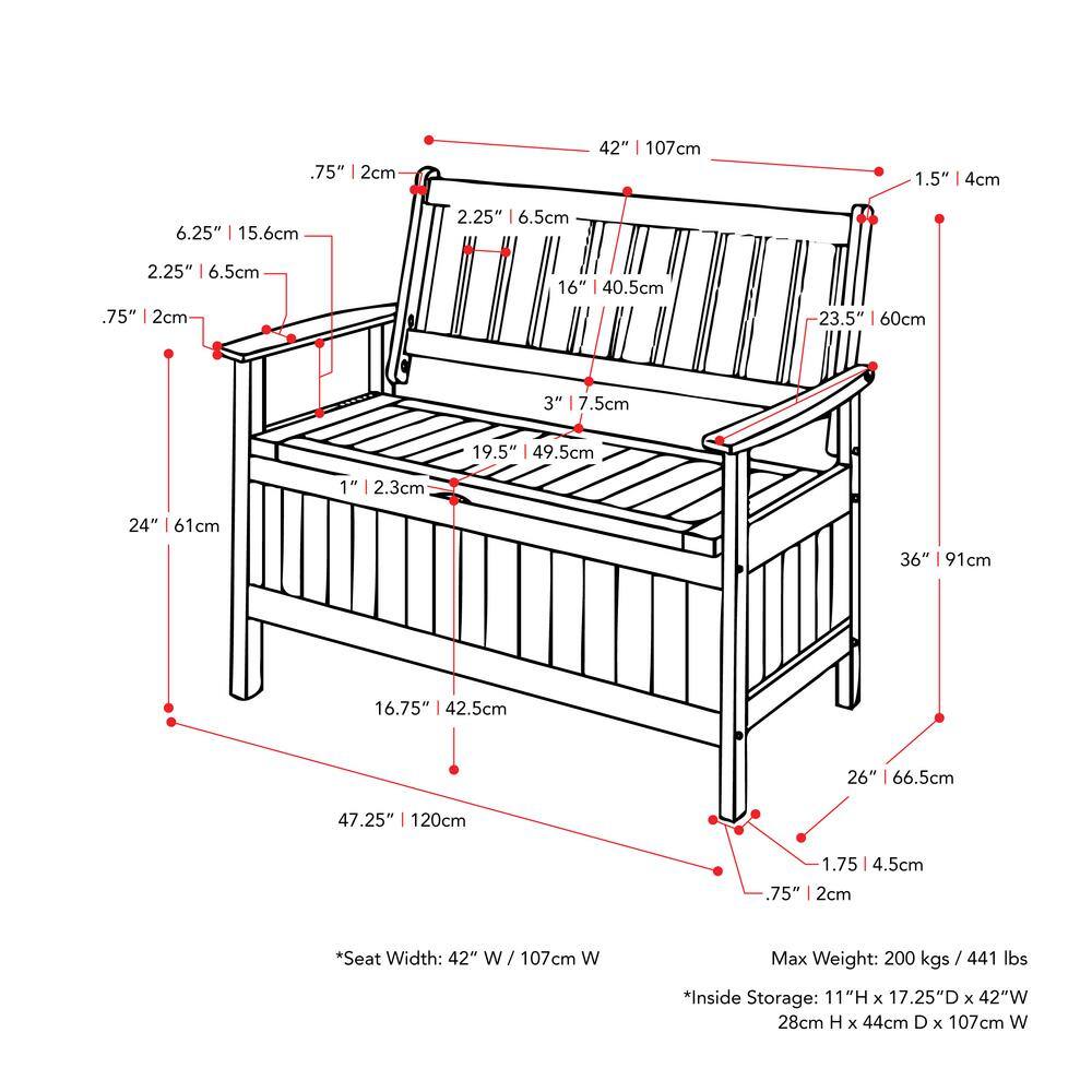 Whitewashed Shorea Wood Outdoor Storage Bench with Slatted Back