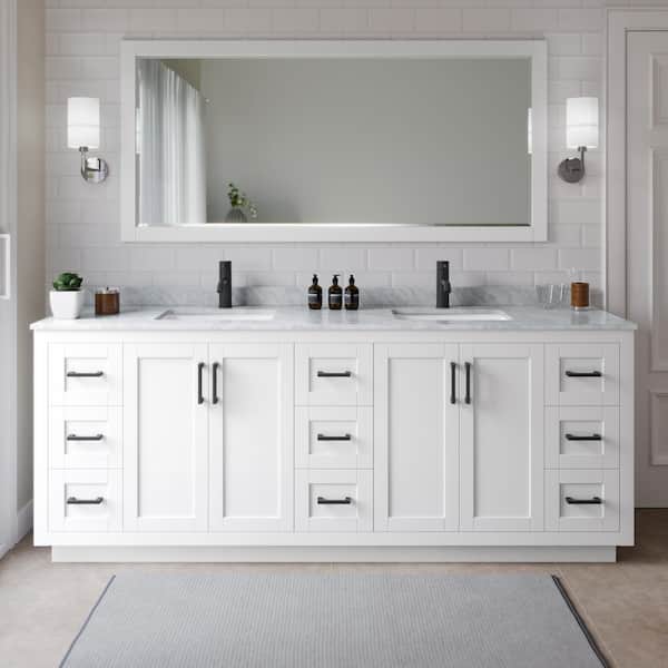 Wyndham Collection Miranda 84 in. W x 22 in. D x 33.75 in. H Double Sink Bath Vanity in White with White Carrara Marble Top and Mirror