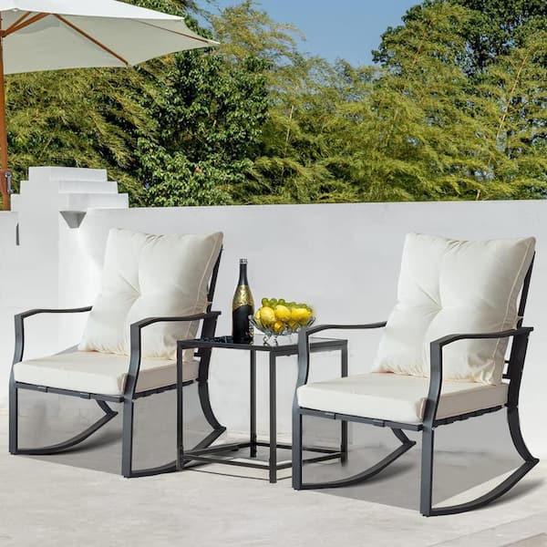 Unbranded Black Rocking Chair 3-Piece Metal Outdoor Bistro Set with Beige Cushions and Glass Coffee Table