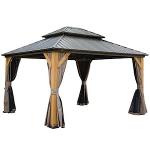 12 ft. x 14 ft. Brown Outdoor Cedar Wood Frame Canopy with Galvanized Steel Double Roof Hardtop Gazebo with Curtains