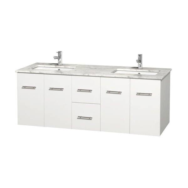 Wyndham Collection Centra 60 in. Double Vanity in White with Marble Vanity Top in Carrara White and Under-Mount Sinks