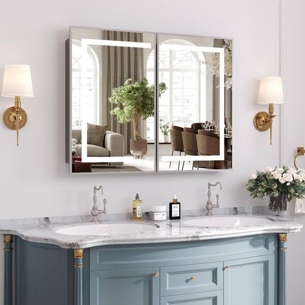 48 in. W x 32 in. H Large Rectangular Silver Wall Mount LED Lighted Medicine Cabinet with Mirror