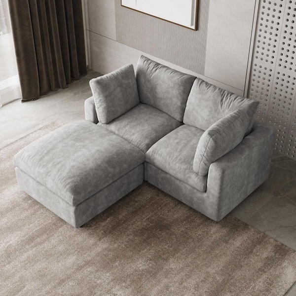 J&E Home 67 in. Square Arm Chenille 3-Piece Modular Sectional Sofa Free Combination with Ottoman and Removable Covers in Gray